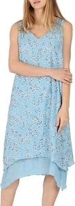 Women Casual Boho V-Neck Irregular Layers Cotton Linen Midi Dress (Blue,Size:L) - Picture 1 of 5