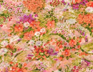 VTG Chiffon? Organza? Sheer Fabric, Peach Pink Green Purple Floral, 2 1/2 Yards - Picture 1 of 2