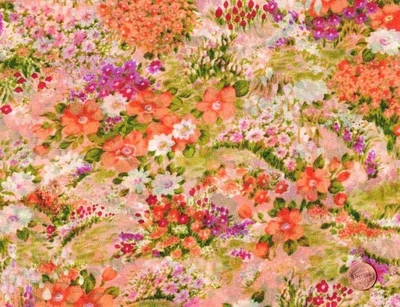 VTG Chiffon? Organza? Sheer Fabric, Peach Pink Green Purple Floral, 2 1/2 Yards - Image 1 of 2