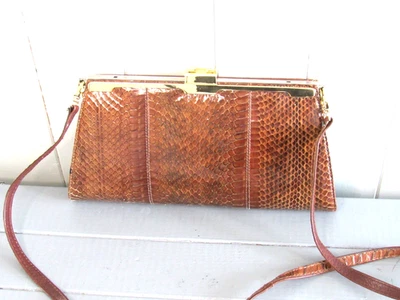 sac cuir vernis lézard marron vintage - Photo 1/4