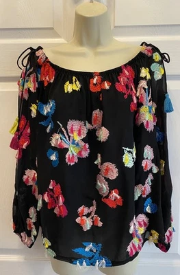 Tanya Taylor 10 Embroidered Tassel Floral Blouse Black Sheer Boho Peasant Top - Image 1 of 4