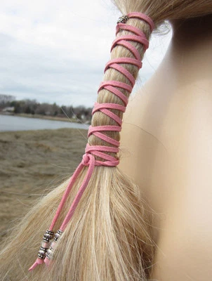 Leather Hair Ties Wraps Pink Ponytail Holders Bohemian Clothing Braid in - Image 1 of 4
