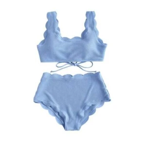 Light Blue Scallop Edge High Waisted Textured Bikini Set Sz S - Picture 1 of 9