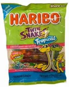 Haribo Twin Snakes 4 oz TROPICAL gomma dolce e acida caramelle gommose limitata BB 4/2026 - Foto 1 di 2