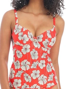 Freya Hibiscus Beach Tankini Top Sunset Red Size 32F 10 Underwired Bra 201256 - Picture 1 of 12