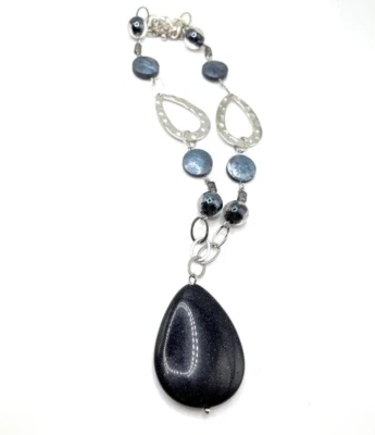 Lia Sophia "River Rock" Blue Goldstone/Mother of Pearl/Silver Statement Necklace - Image 1 of 3