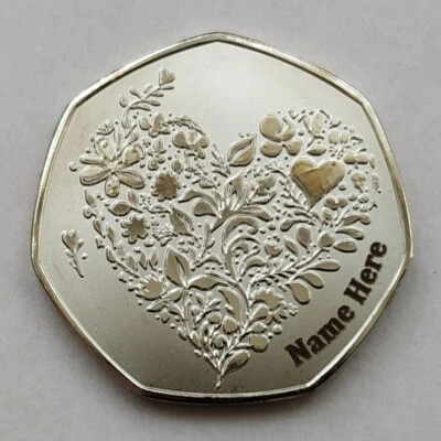 7 SIDED MINT Love Heart Gift ( PERSONALISED Name On Coin ) 'I Love You' Present / Valentines