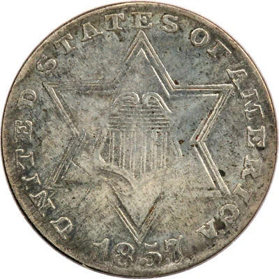 1857 Three Cent Silver 3CS, About Uncirculated AU, Dark Toning - Image 1 of 2