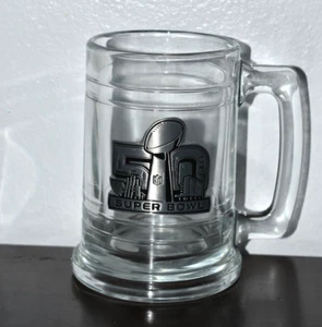 Vtg 50th Super Bowl Souvenir 3D Decorated Clear Glass Coffee Cup Beer Mug 16oz - Picture 1 of 2