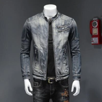 Mens Stand Collar Denim Jacket Motorcycle Full Zip Biker Overcoat Slim Fit 2025 - Image 1 of 4