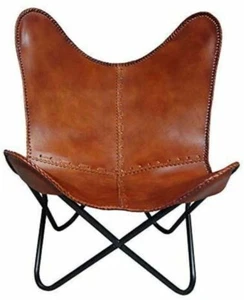 Handmade Vintage Chair Relax Arm Chair Living Room Tan Leather Buffalo Butterfly - Picture 1 of 7
