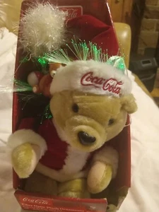 Coca Cola Fiber Optic Plush Ornament Bear w/ Santa Hat Stocking & Gifts 9" - Picture 1 of 5