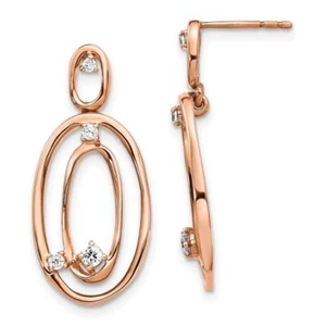 14K Solid Rose Gold Diamond Oval Dangle Earrings - Picture 1 of 4