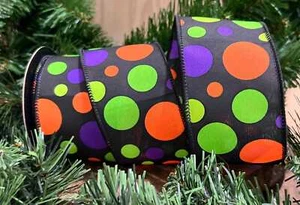 10 Yards Orange, Green Purple Polka Dot Halloween Fall 2.5 inch Craft Ribbon - Picture 1 of 8