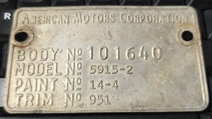 1965 AMC Marlin 2dr Hatdtop Data Plate - Bild 1 von 2