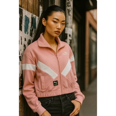 Chaqueta deportiva Puma International cremallera completa rosa blanco rayas ropa de calle talla S Foto 1 de 4