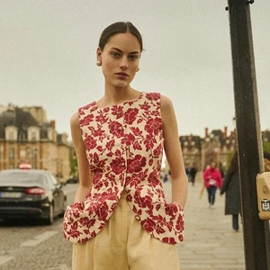 Posse Romeo | Vest in Deep Red & Oat Vintage Floral Printed Linen S - Picture 1 of 14