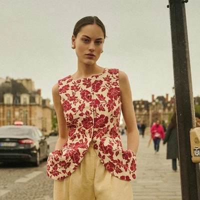 Posse Romeo | Жилет темно-красный и овсяный винтажный льняной с цветочным принтом S - Изображение 1 из 4