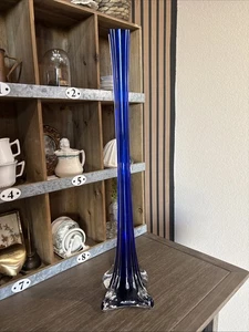 "Florero alto vintage de vidrio azul cobalto facetado cobalto a vidrio artístico transparente 20""" - Imagen 1 de 4