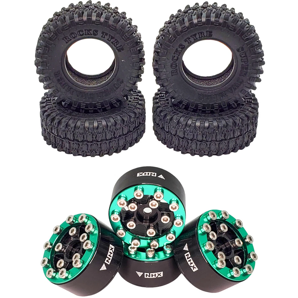 NHX RC Rock 1.0" Tires w/Alum Screw-Style Beadlock Wheels (4) Green : SCX24 - Image 1 of 4