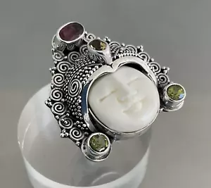 Bali Carved Goddess Face Ring with 1.40 CTW Multi Gemstones 925 Silver Size 6 - Picture 1 of 20