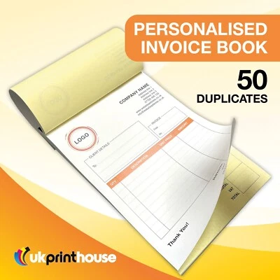 PERSONALISED DUPLICATE A5 INVOICE 2 BOOKS - 50 SET - NCR PAD PRINT - INVOICE - Image 1 of 4