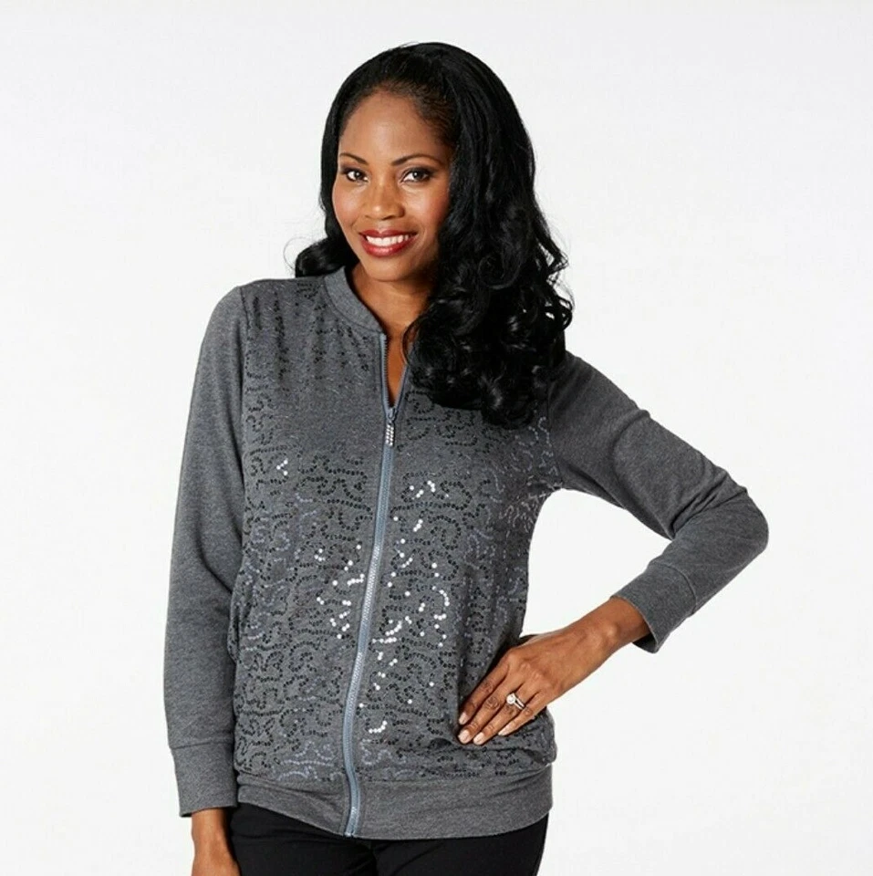 NEW QUACKER FACTORY $57 Sequin Swirl Terry Bomber Jacket-Heather Charcoal-XX-S - Image 1 of 1