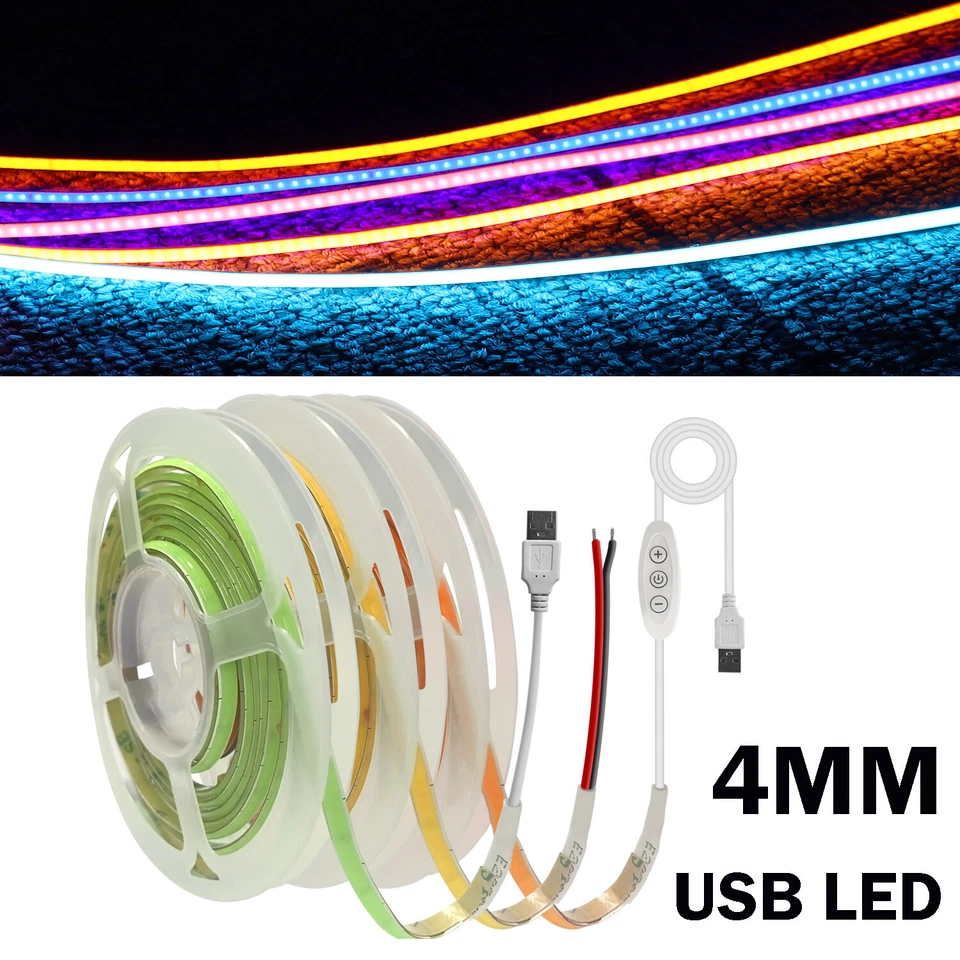 5V USB 480LEDs/M 4mm COB LED Strip Light Tape for Game Computer PC TV Decor Dim - Image 1 of 4