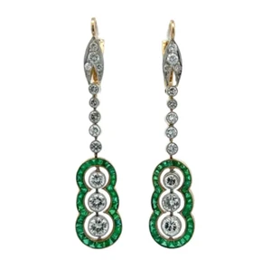 Vintage Style Sparkle Lab-Created Diamonds & Green Emerald Drop-Dangle Earrings - Picture 1 of 5