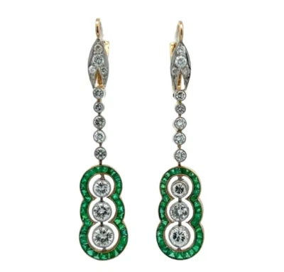 Vintage Style Sparkle Lab-Created Diamonds & Green Emerald Drop-Dangle Earrings - Image 1 of 4