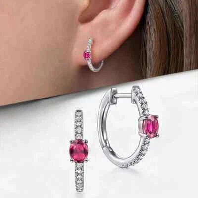 Женские серьги-кольца из розового сапфира овальной огранки с покрытием из белого золота 14 карат 2 карата - Изображение 1 из 3