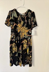 LuLaRoe Amelia Black Tropical Stretch Fit & Flare Pleated Dress Pockets 2XL C6 - Picture 1 of 5