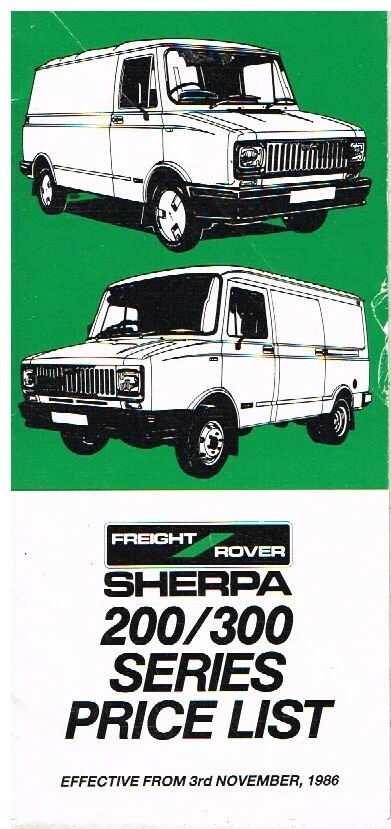 FREIGHT ROVER SHERPA 200 & 300 SERIES ORIGINAL 1986 FACTORY UK PRICE LIST - Image 1 of 1
