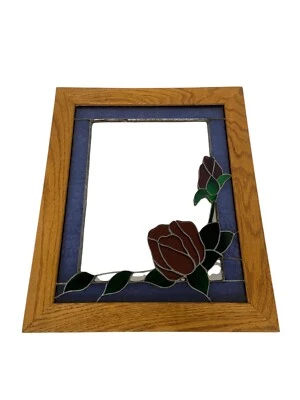 Hermoso Espejo de Vidrieras Hecho a Mano Rojo Rosa Verde Hojas Violeta Boarder Roble Foto 1 de 4