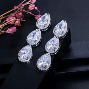 Lange Ohrringe Zirkonia Ohrringe CZ Frauen Damen Party Weiß Vergoldet Schmuck - Bild 1 von 7
