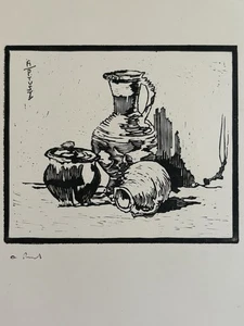 Jarrones de bodegón Alfred Prust Linocut cerámica impresión original arte artista británico - Imagen 1 de 5