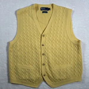 VINTAGE Ralph Lauren Polo Pullover Herren groß gelb Wolle Weste Strickjacke 90er Zopfmuster - Bild 1 von 8