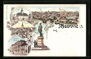 Lithographie Meerane i. S., Rathaus, Kirche, Bismarck-Denkmal  - Picture 1 of 2