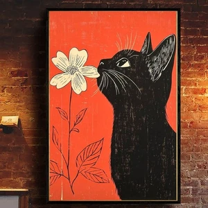 Black Cat Wall Art –Retro Floral Poster, Red Minimalist Cat Print for Cat Poster - Picture 1 of 5