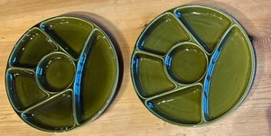 2 Vintage 70s Divided Serving / Fondue Plates Olive Green Japan - Picture 1 of 2