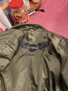 mens harley davidson jacket XL green bomber nylon armor pockets RARE bar zip - Picture 1 of 15