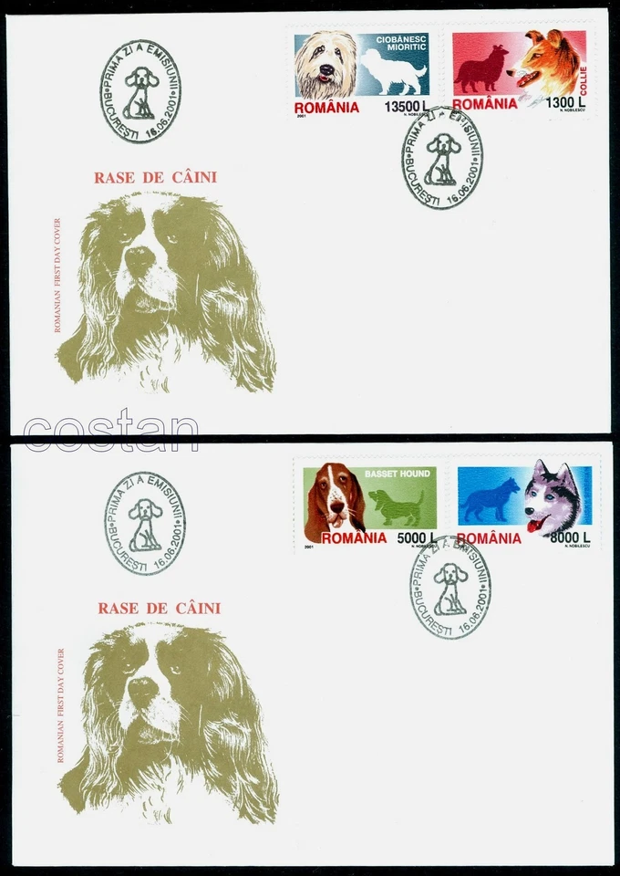2001 Dogs,Husky,Collie,Basset,St.Bernard,Shepherd,Hunde,Chien,Romania,M.5574,FDC - Image 1 of 1