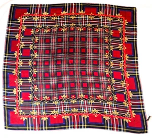 NEW Large Talbots Plaid Silk Scarf Gold Bead Red Blue Black 34" x 33" - Picture 1 of 2