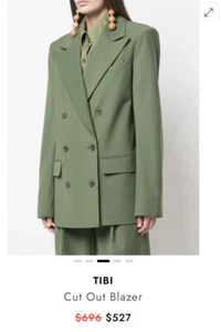 NWT Tibi Double Breasted Woven Cut Out Blazer Army Green Size : 4 Oversized - Picture 1 of 13