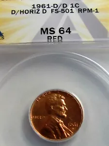 1961 LIINCOLN CENT, D OVER HORIZ D ANACS MS64, NICE - Picture 1 of 4