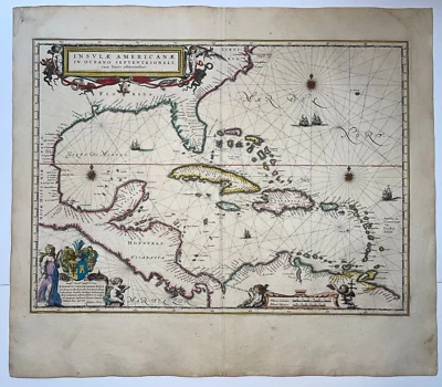 CARIBE 1640 WILLEM JANSZOON AZUL GRAN MAPA ANTIGUO GRABADO SIGLO XVII Foto 1 de 4