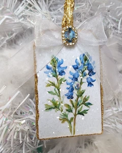 Shabby Bluebonnet Decoupage Glass Glitter Texas Wildflower Christmas Ornament - Picture 1 of 4