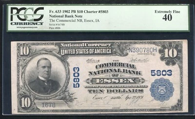 1902 $10 THE COMMERCIAL NB OF ESSEX, IA NATIONAL CURRENCY CH. #5803 PCGS EF-40 - Image 1 of 2