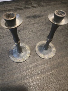 Old VINTAGE SHABBOT CANDLESTICKS PAL BELL Israel 1950 Bronze JEWISH GREENISH - Picture 1 of 9