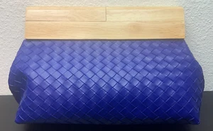 Dark Blue Basketweave Frankie Clutch Bag with Magnetic Wood Handle Closure - Picture 1 of 6